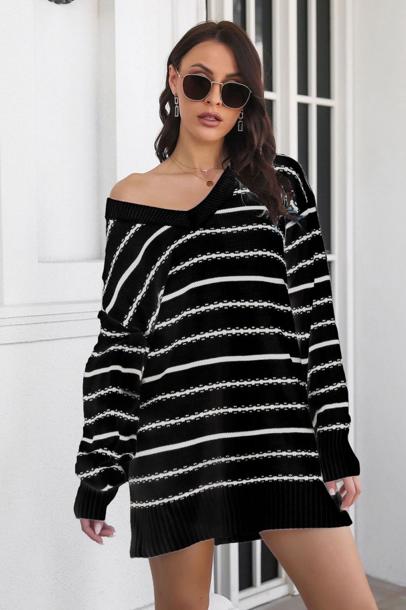 Striped V - Neck Sweater Dress - Sweater Dress