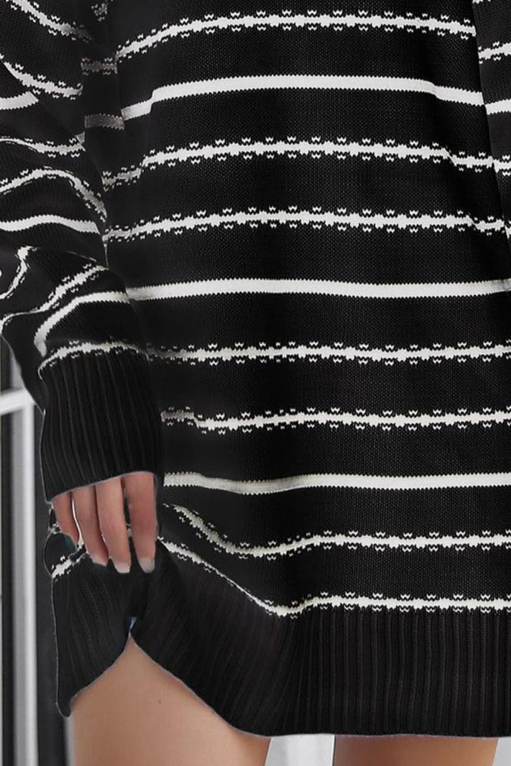 Striped V - Neck Sweater Dress - Sweater Dress