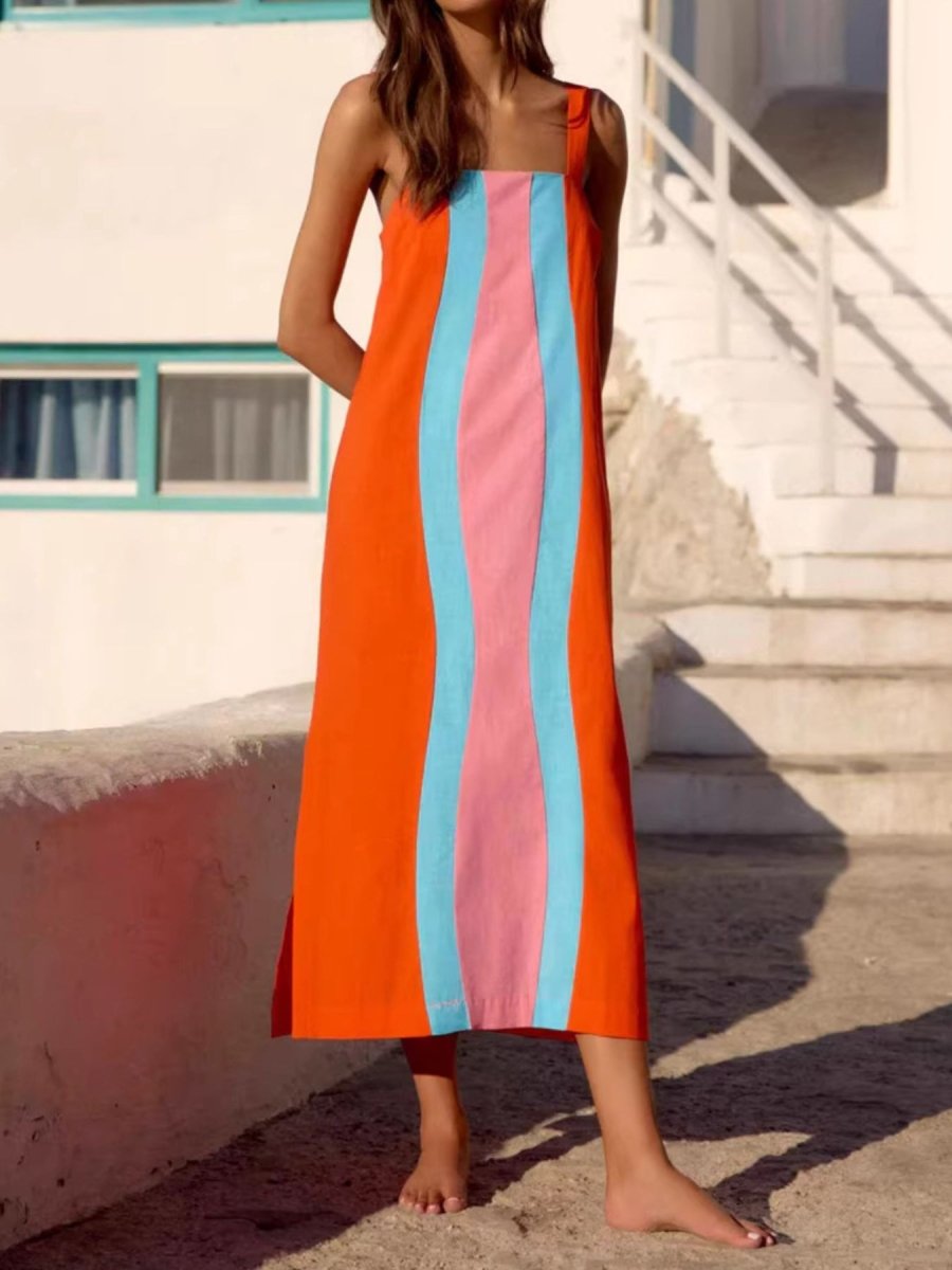 Striped Wide Strap Midi Dress - 