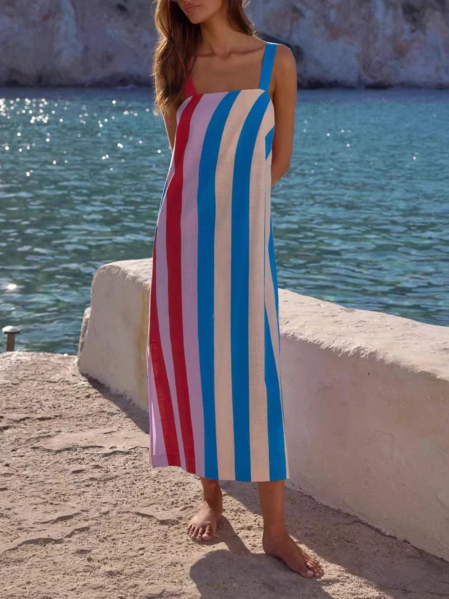 Striped Wide Strap Midi Dress - 