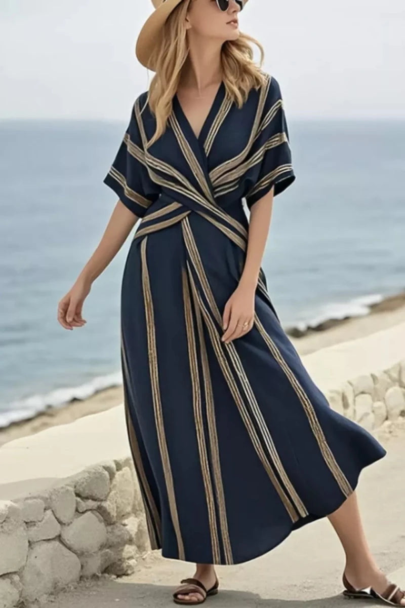 Striped Wrap Half Sleeve Maxi Dress - 