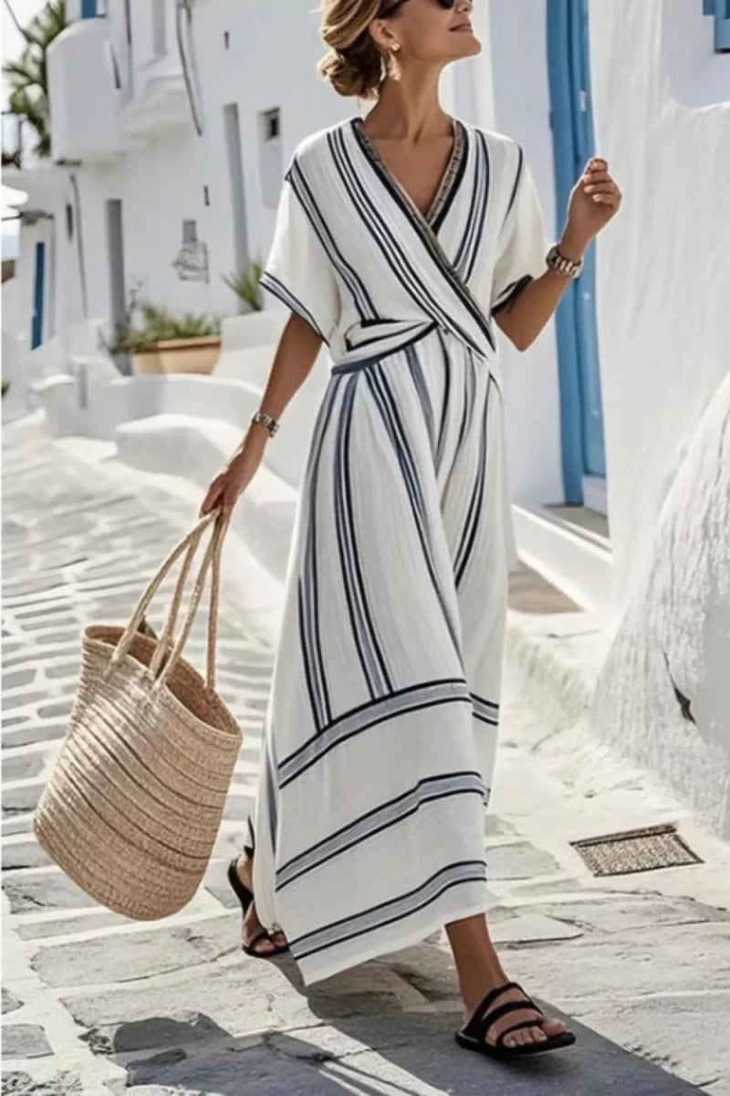 Striped Wrap Half Sleeve Maxi Dress - 