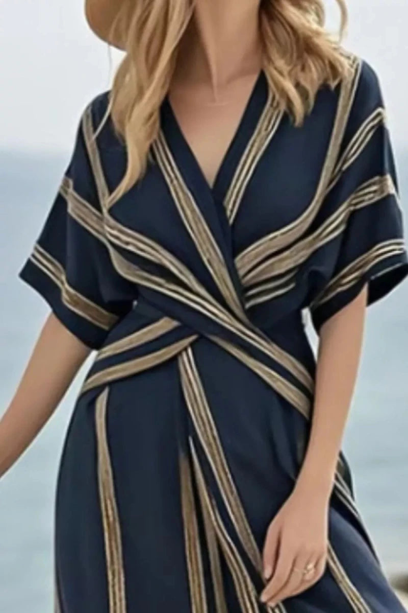Striped Wrap Half Sleeve Maxi Dress - 