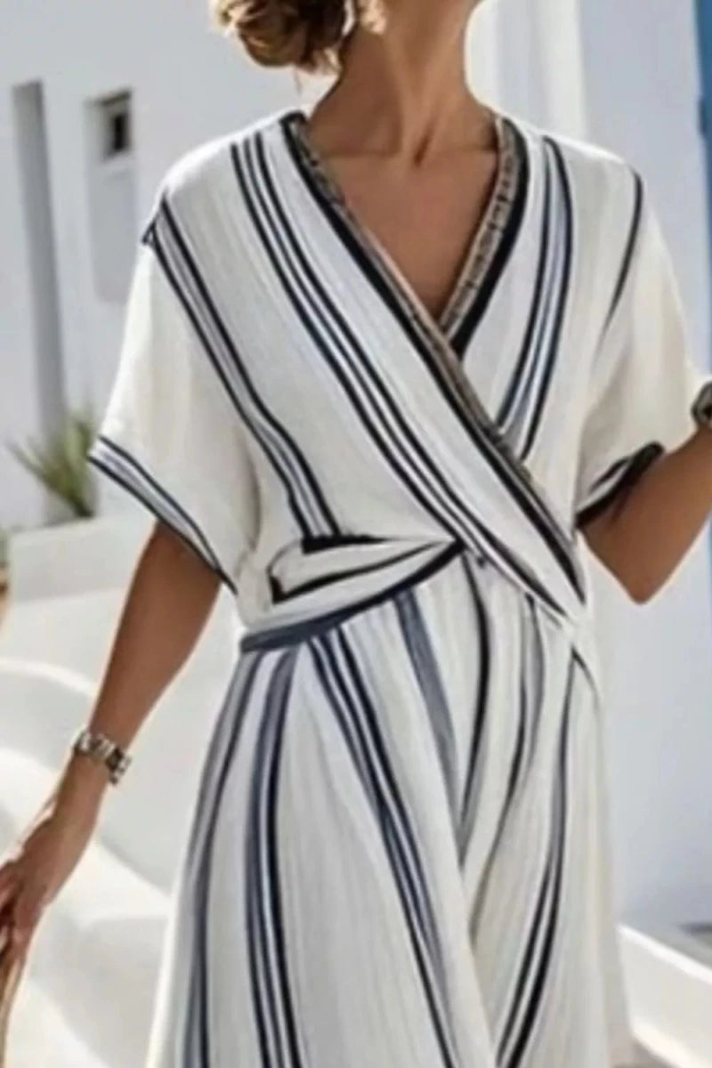 Striped Wrap Half Sleeve Maxi Dress - 