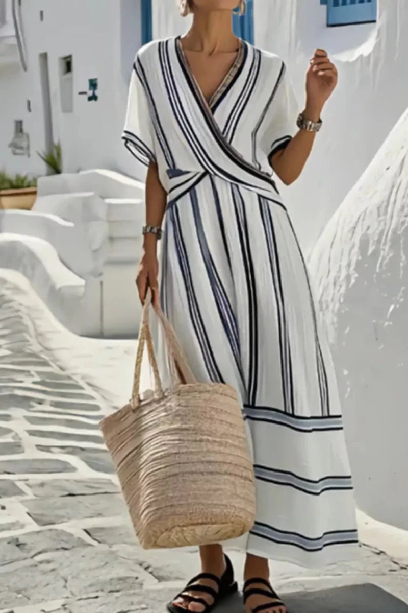 Striped Wrap Half Sleeve Maxi Dress - 