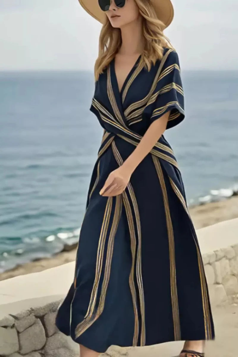 Striped Wrap Half Sleeve Maxi Dress - 