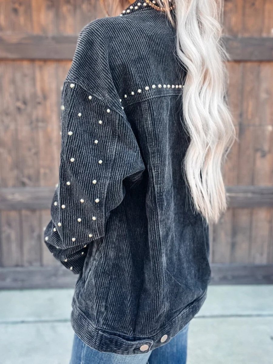 Studded Collared Neck Button Down Jacket - Outerwear