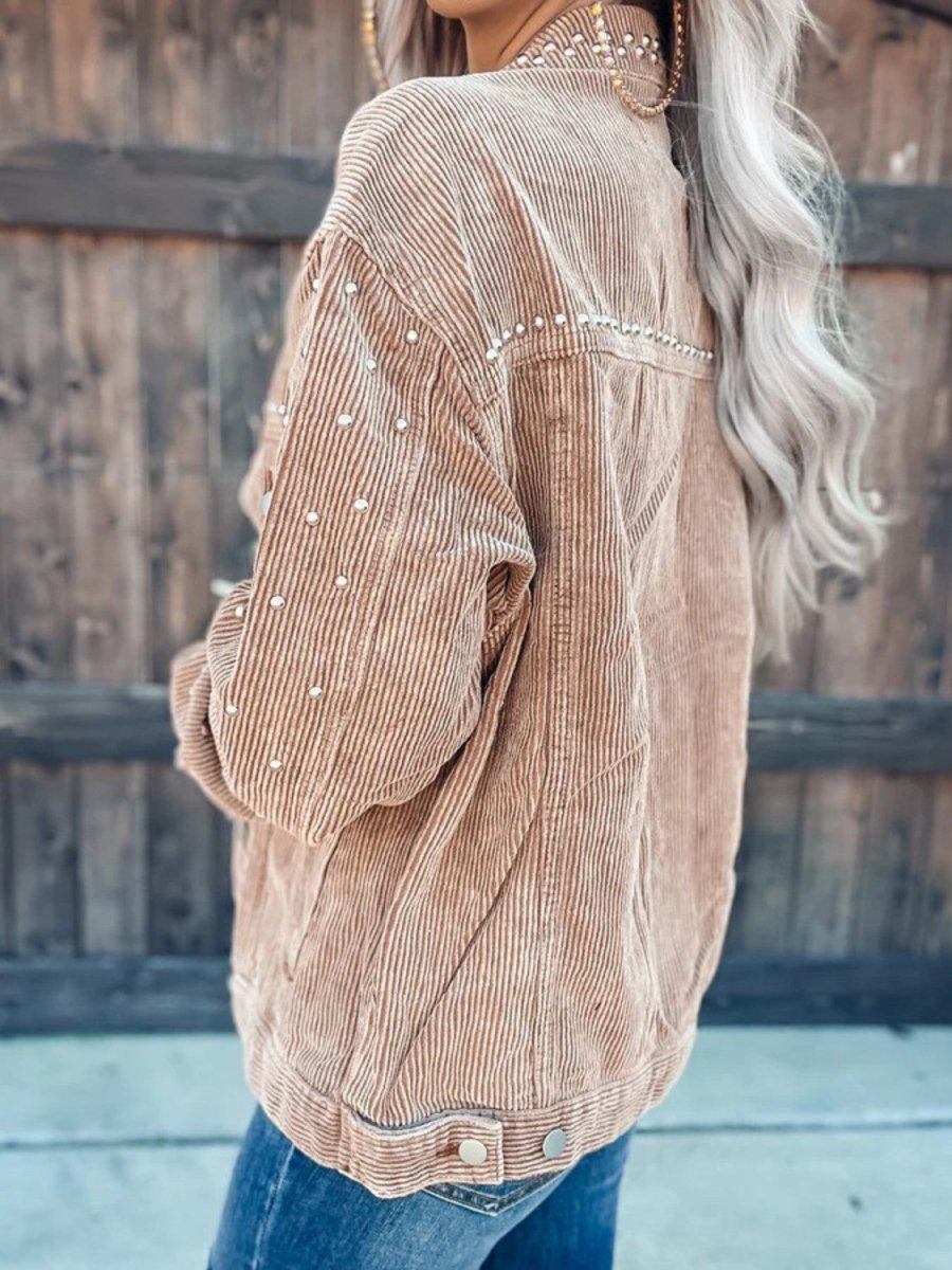 Studded Collared Neck Button Down Jacket - Outerwear