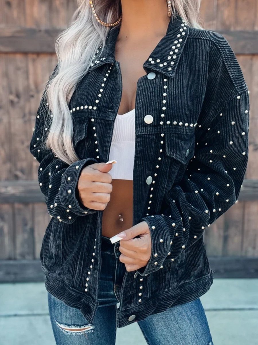 Studded Collared Neck Button Down Jacket - Outerwear
