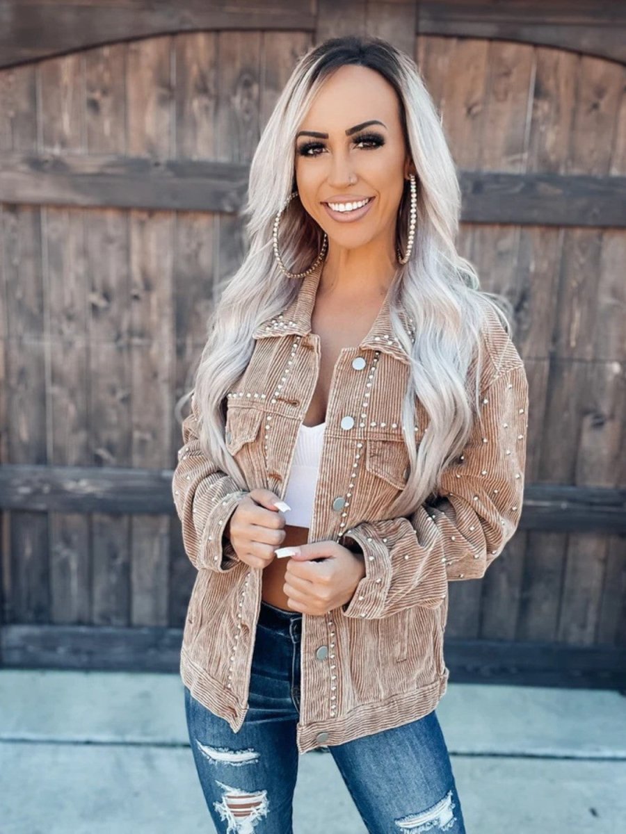 Studded Collared Neck Button Down Jacket - Outerwear
