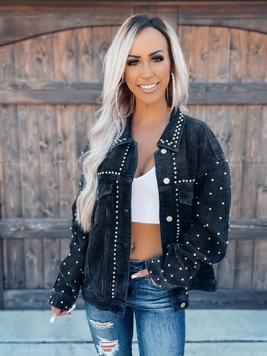 Studded Collared Neck Button Down Jacket - Outerwear