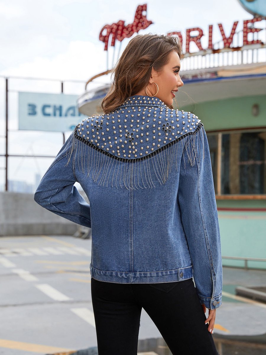 Studded Fringe Button Down Denim Jacket - Outerwear