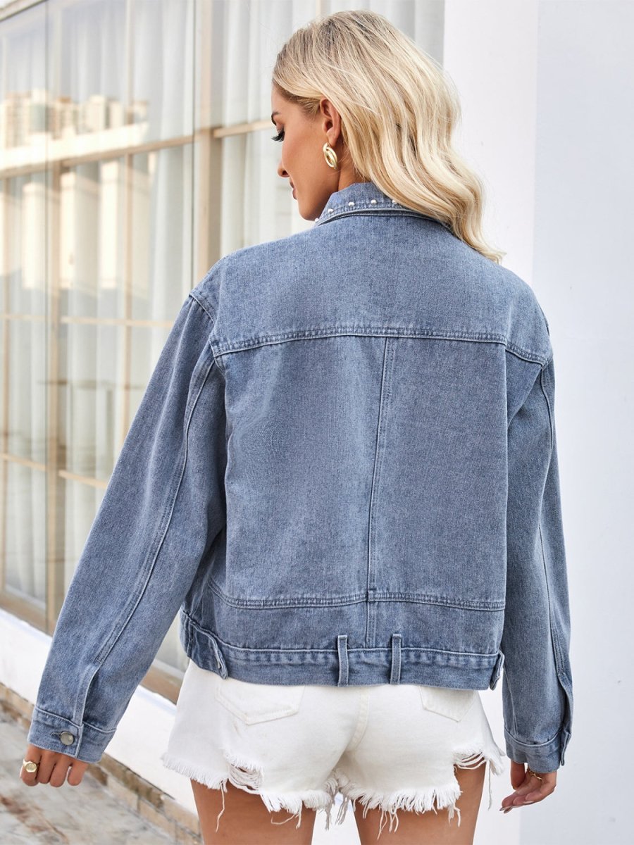 Studded Long Sleeve Denim Jacket - Outerwear
