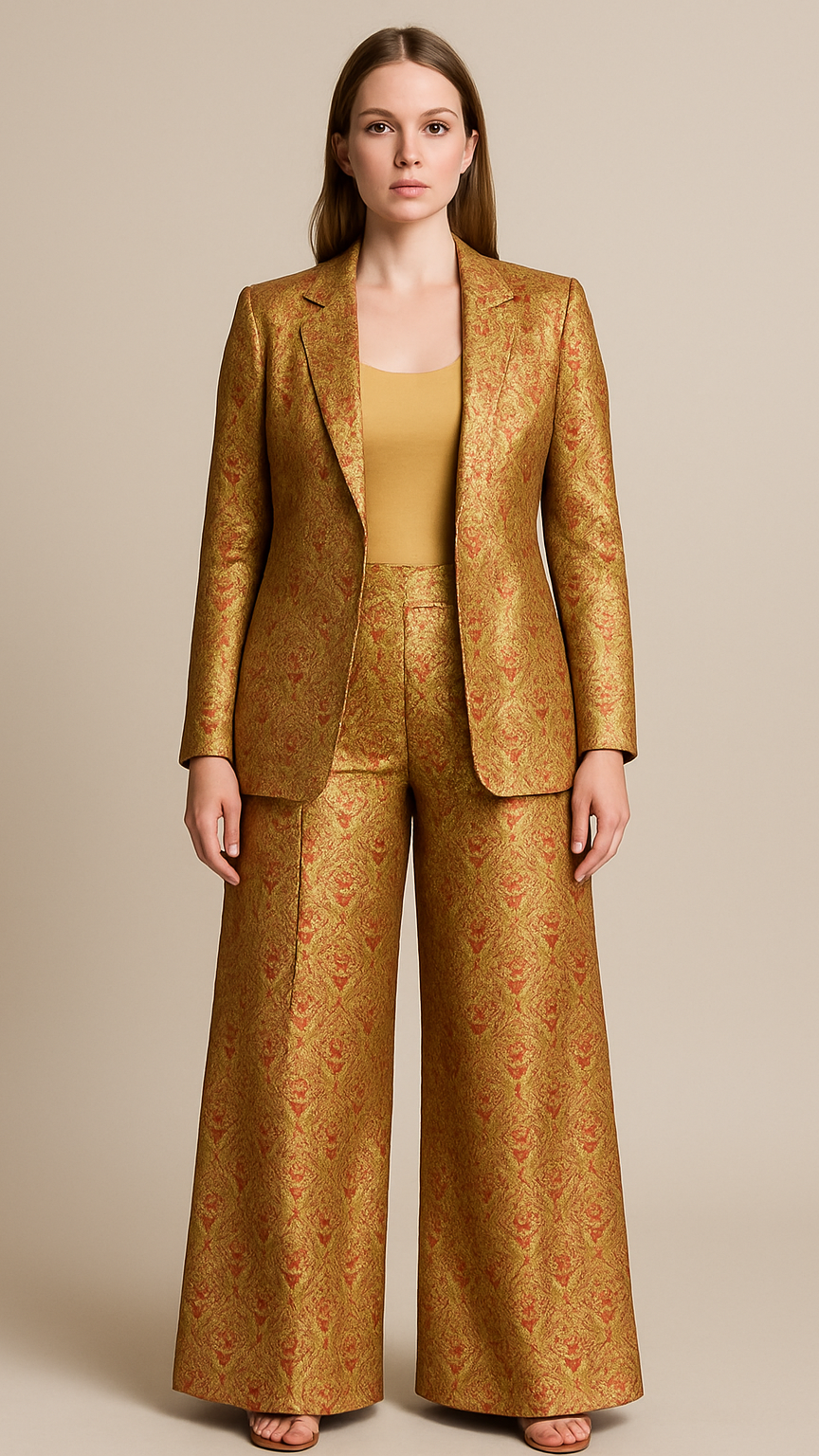 gold patterned suit