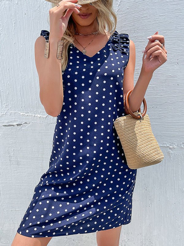 Summer blue polka dot skirt European and American fashion loose dress - Day Dress