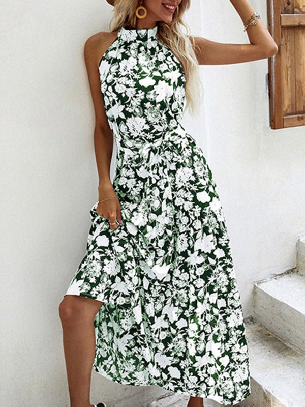 Summer French Halter Neck Sleeveless Slit Print Sexy Dress - Formal Dress