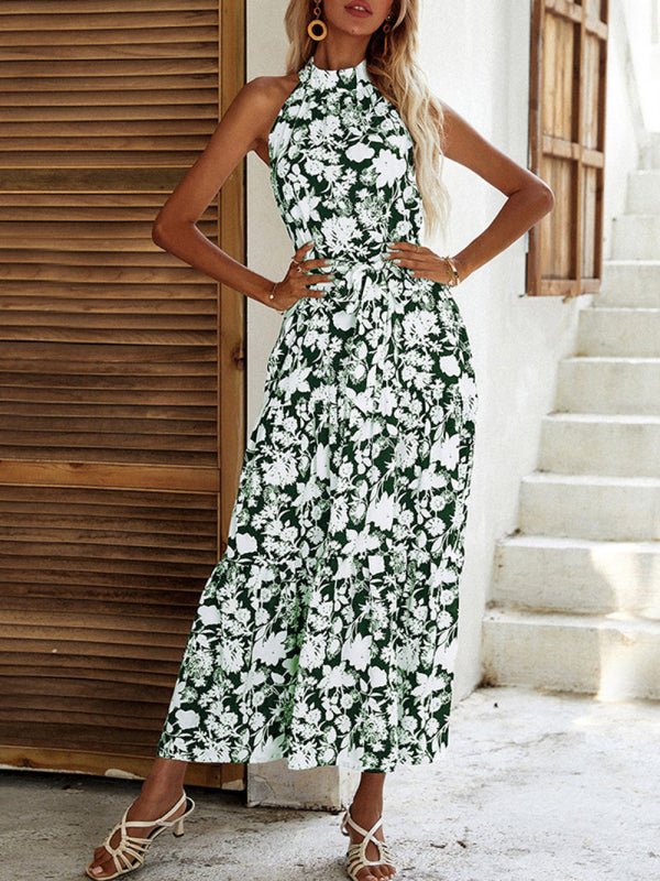 Summer French Halter Neck Sleeveless Slit Print Sexy Dress - Formal Dress