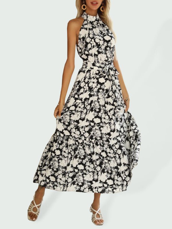 Summer French Halter Neck Sleeveless Slit Print Sexy Dress - Formal Dress