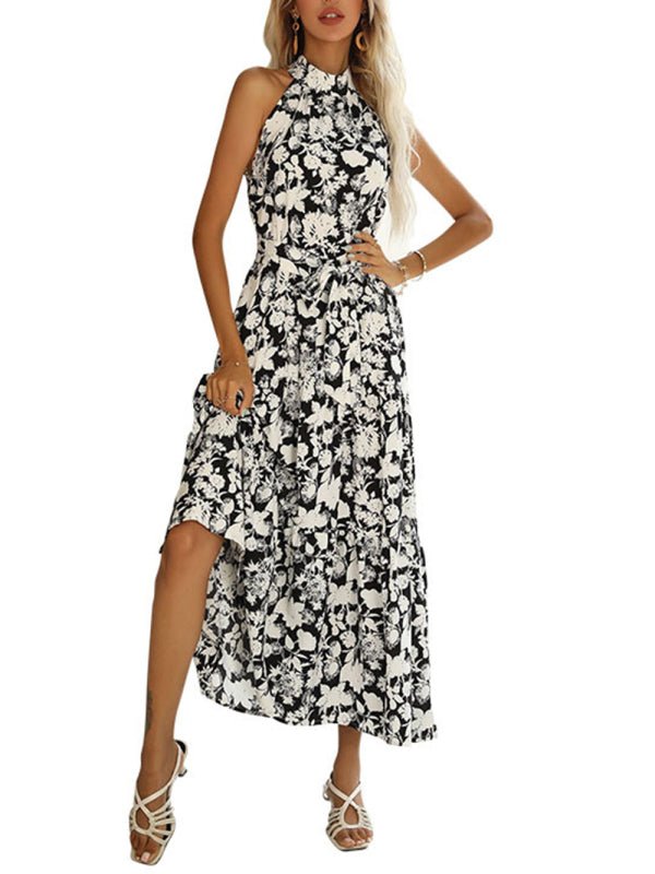 Summer French Halter Neck Sleeveless Slit Print Sexy Dress - Formal Dress