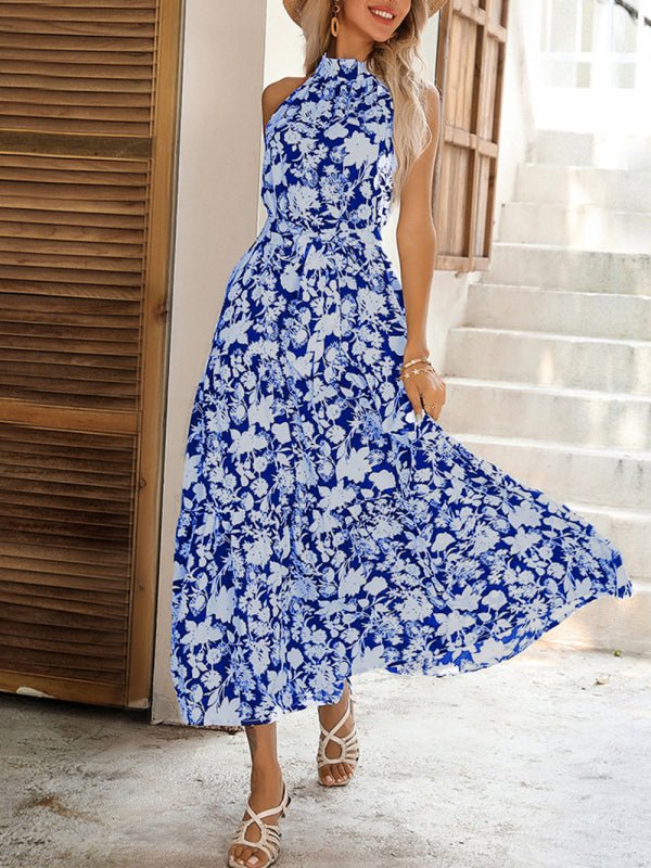 Summer French Halter Neck Sleeveless Slit Print Sexy Dress - Formal Dress