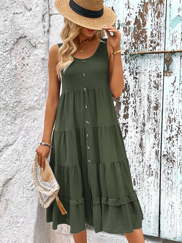 Summer new women's sleeveless slit solid color dress - Casual Dress
