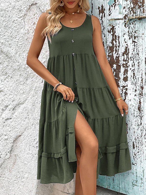 Summer new women's sleeveless slit solid color dress - Casual Dress