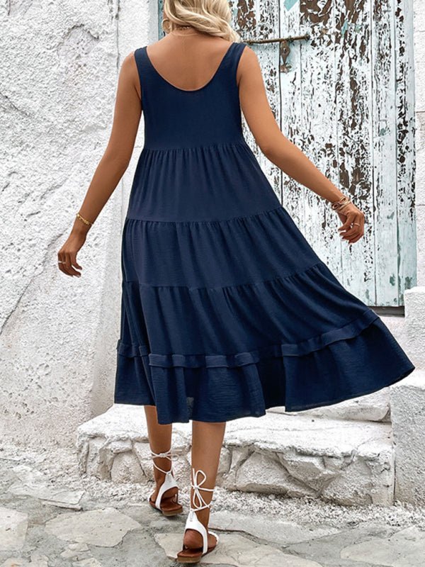 Summer new women's sleeveless slit solid color dress - Casual Dress