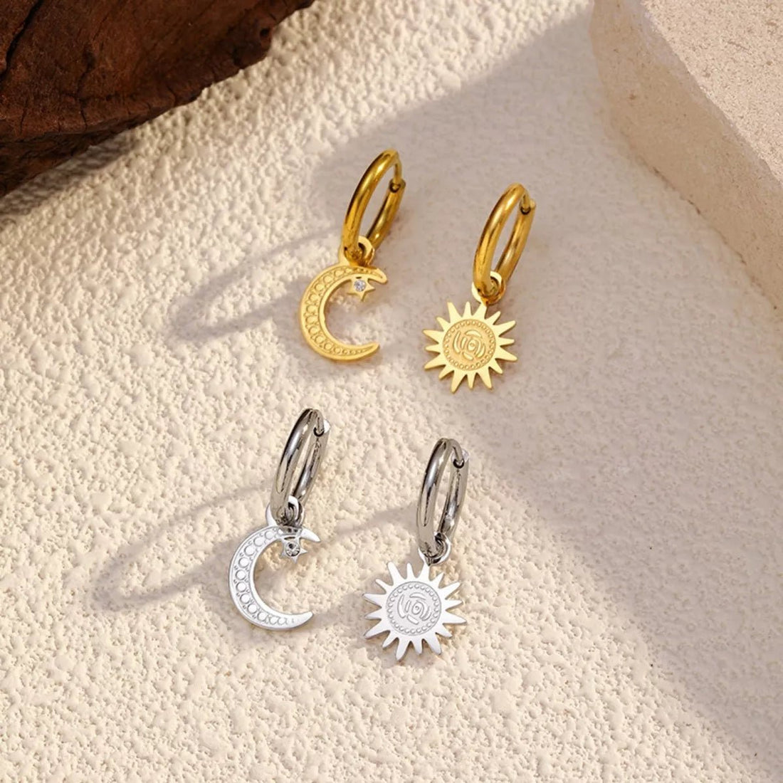Sun and Moon Dangle Hoop Earrings - 