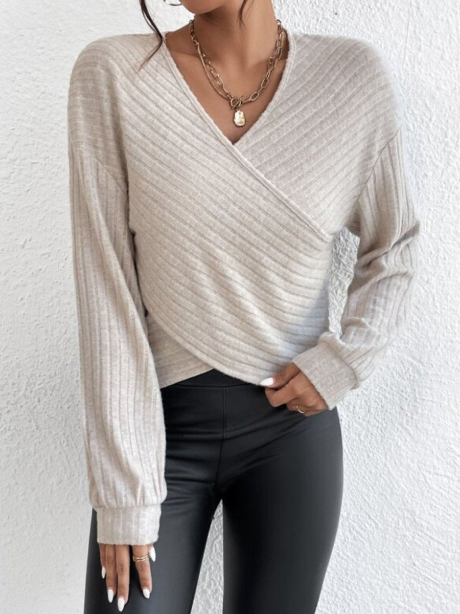 Surplice Dropped Shoulder Long Sleeve T-Shirt - Top