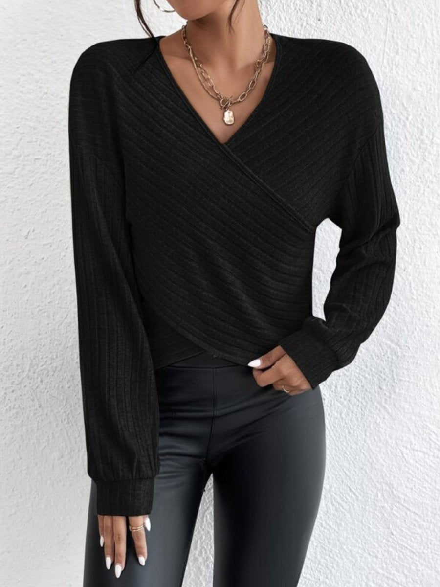 Surplice Dropped Shoulder Long Sleeve T-Shirt - Top