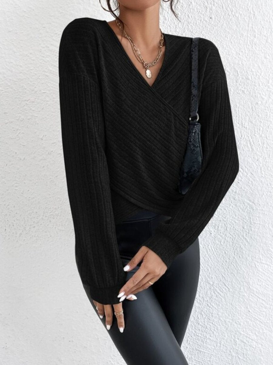 Surplice Dropped Shoulder Long Sleeve T-Shirt - Top