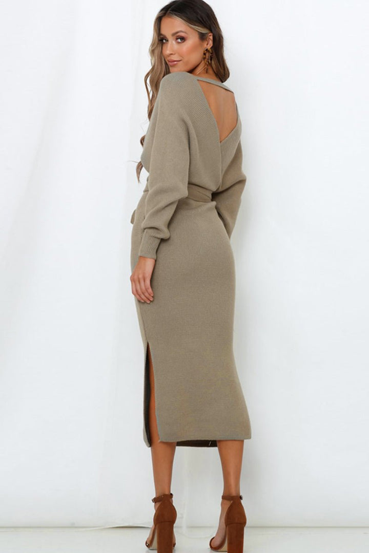 Surplice Neck Bow Waist Slit Sweater Dress - Sweater Dress