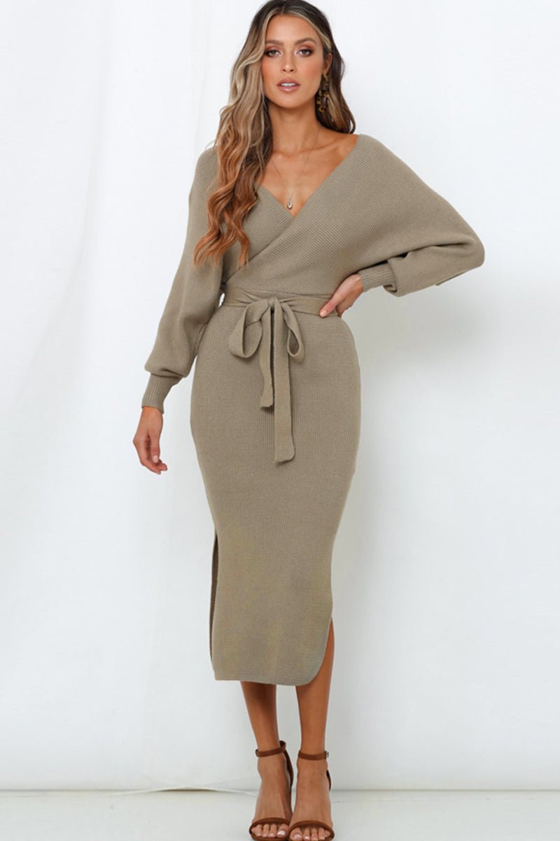 Surplice Neck Bow Waist Slit Sweater Dress - Sweater Dress