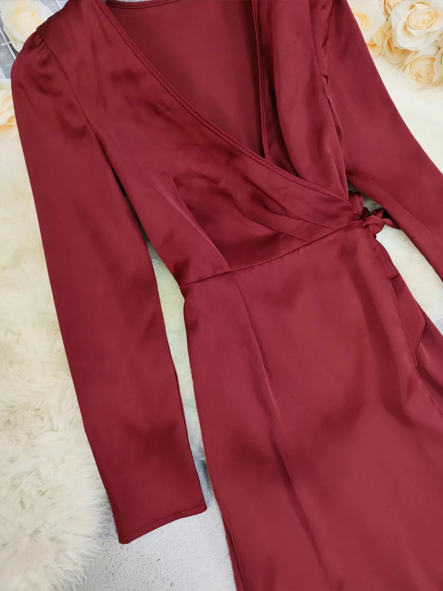 Surplice Satin Long Sleeve Maxi Dress - 
