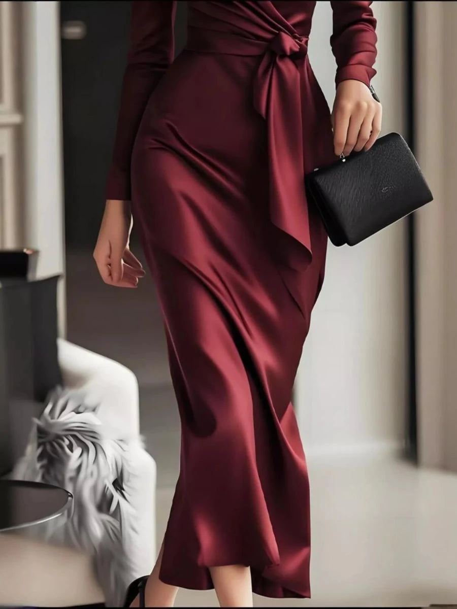 Surplice Satin Long Sleeve Maxi Dress - 