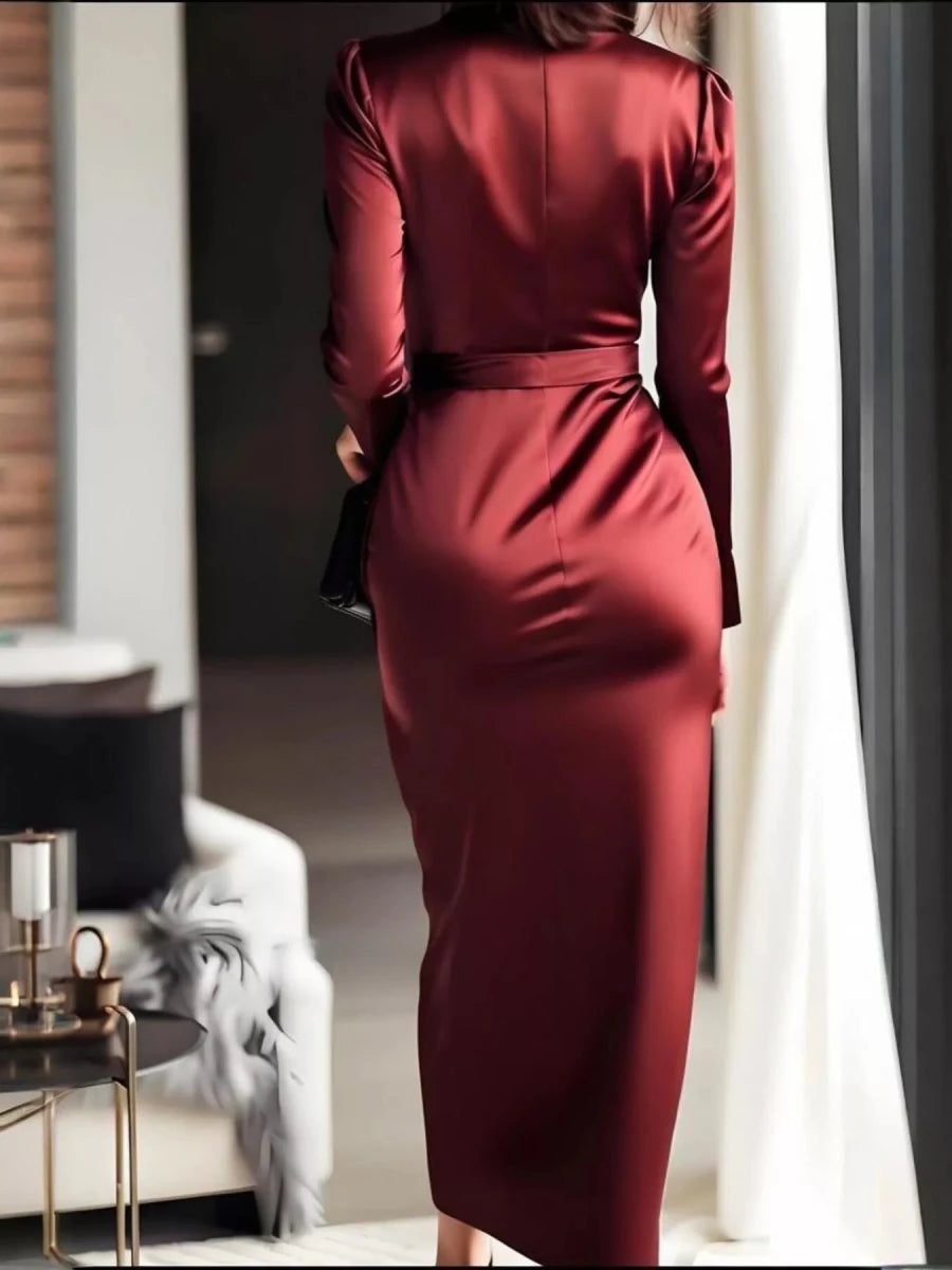 Surplice Satin Long Sleeve Maxi Dress - 
