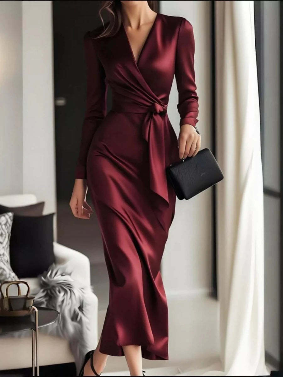 Surplice Satin Long Sleeve Maxi Dress - 