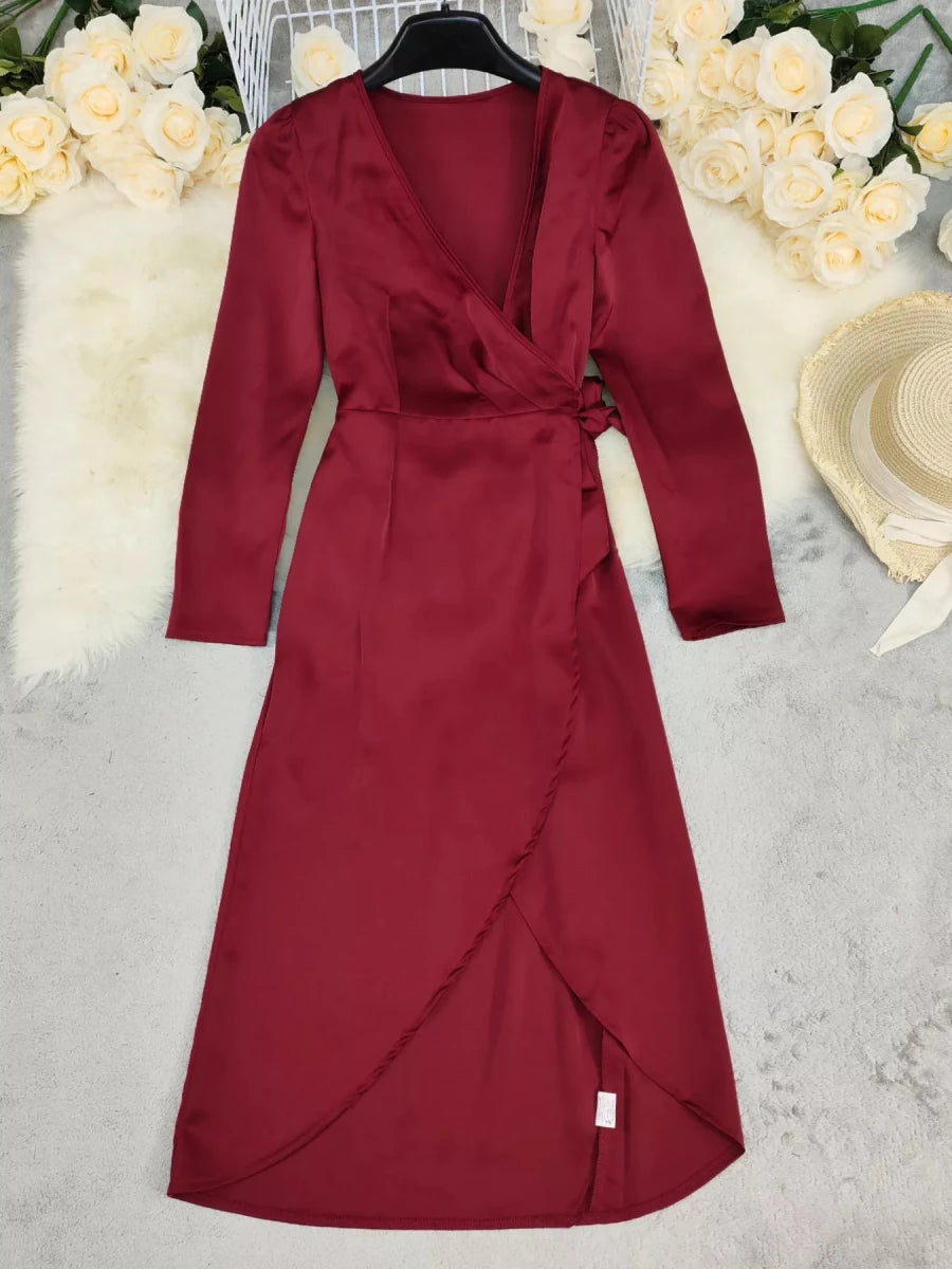 Surplice Satin Long Sleeve Maxi Dress - 