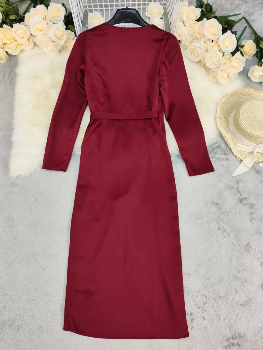 Surplice Satin Long Sleeve Maxi Dress - 