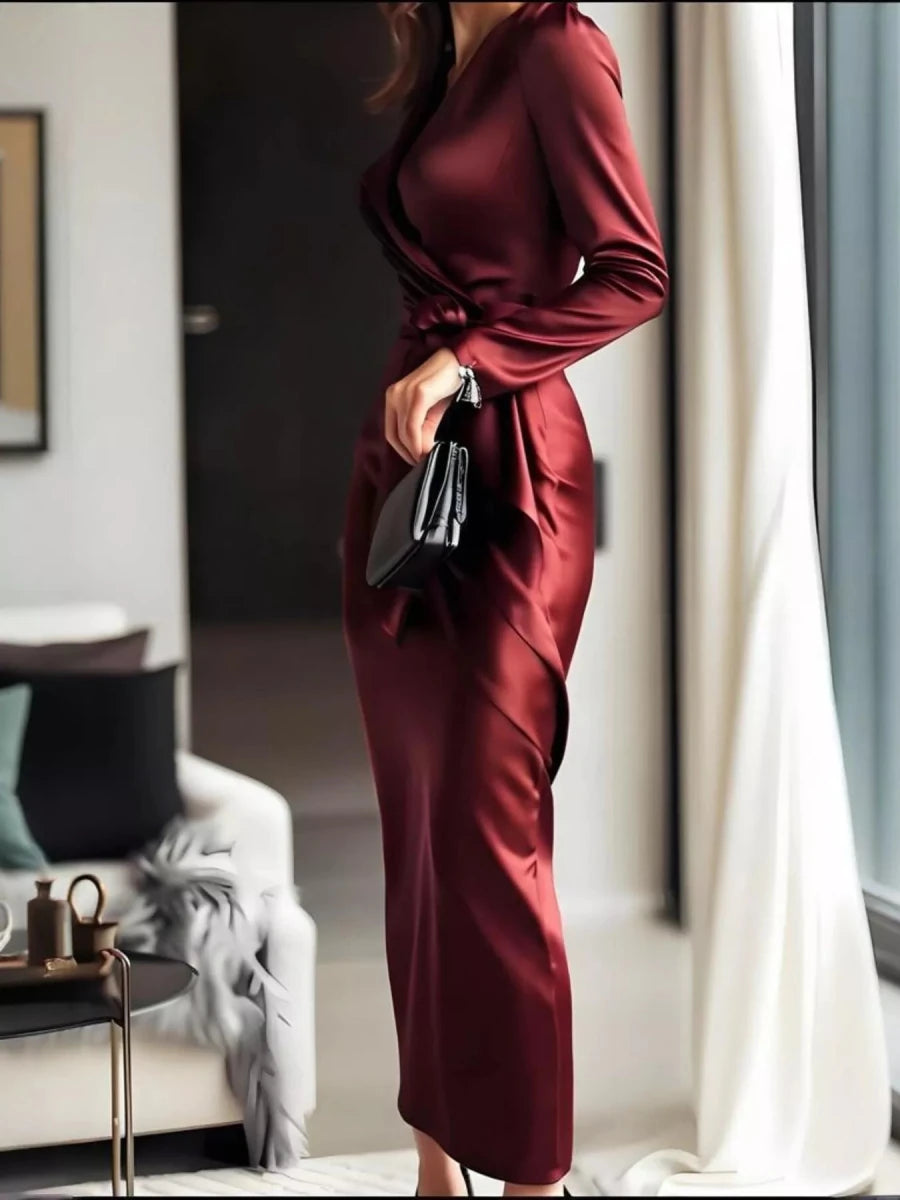Surplice Satin Long Sleeve Maxi Dress - 