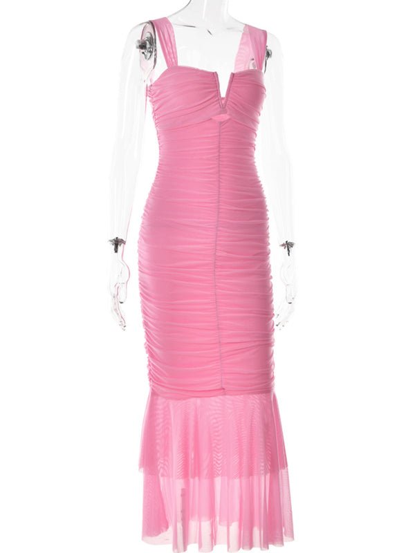 Suspender stitching fashion sexy hot girl tight pleated fishtail dress - Formal Dress