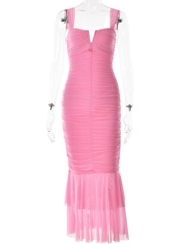 Suspender stitching fashion sexy hot girl tight pleated fishtail dress - Formal Dress