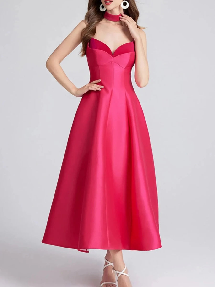 Sweetheart Collar Midi Dress - Zipper Closure - 
