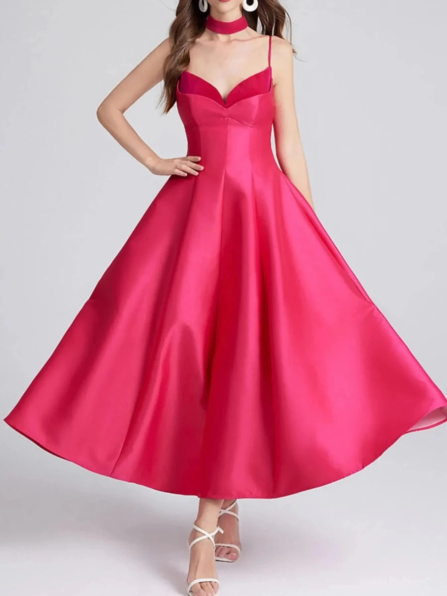Sweetheart Collar Midi Dress - Zipper Closure - 