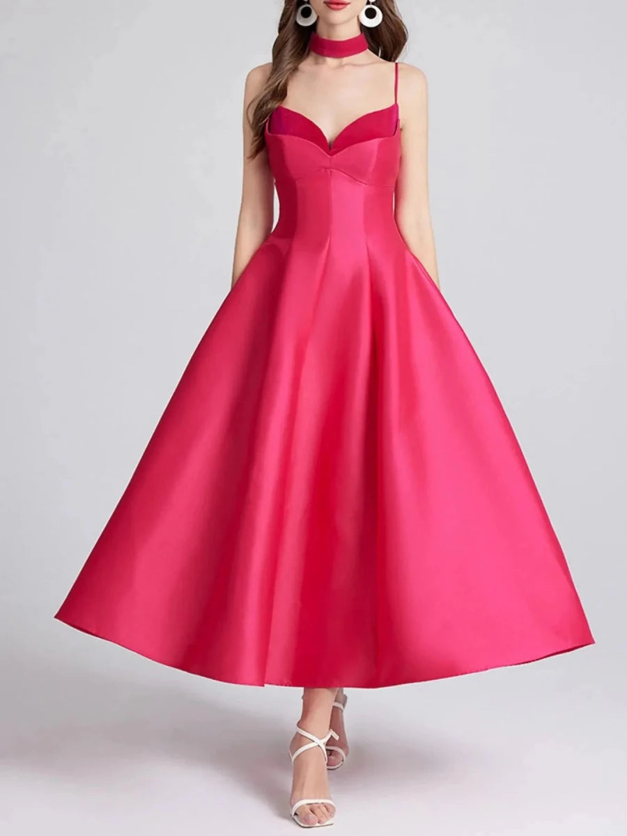 Sweetheart Collar Midi Dress - Zipper Closure - 
