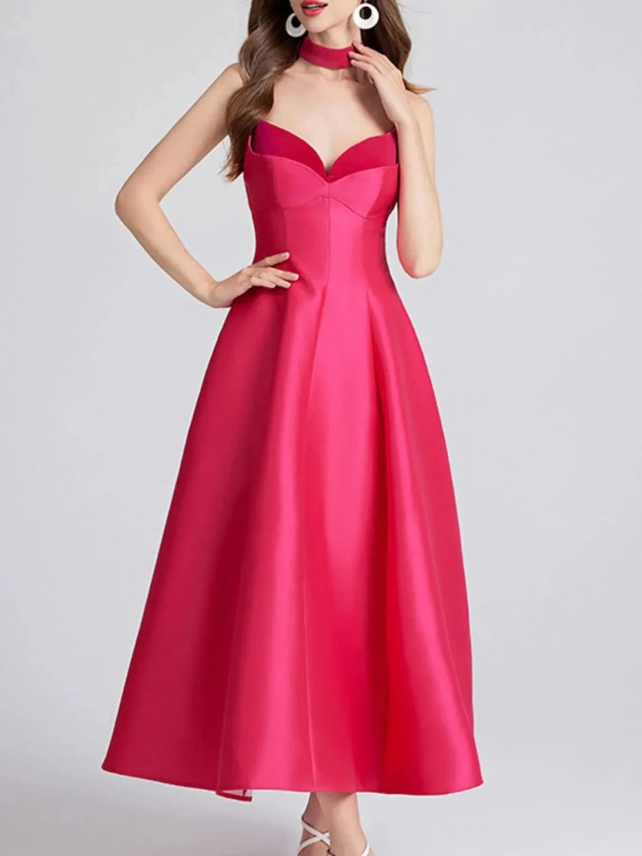 Sweetheart Collar Midi Dress - Zipper Closure - 