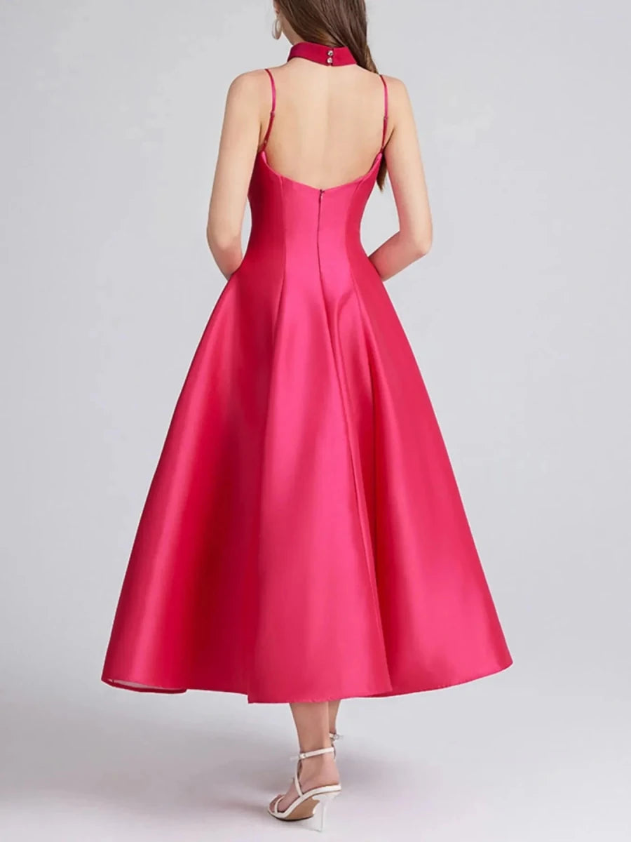 Sweetheart Collar Midi Dress - Zipper Closure - 