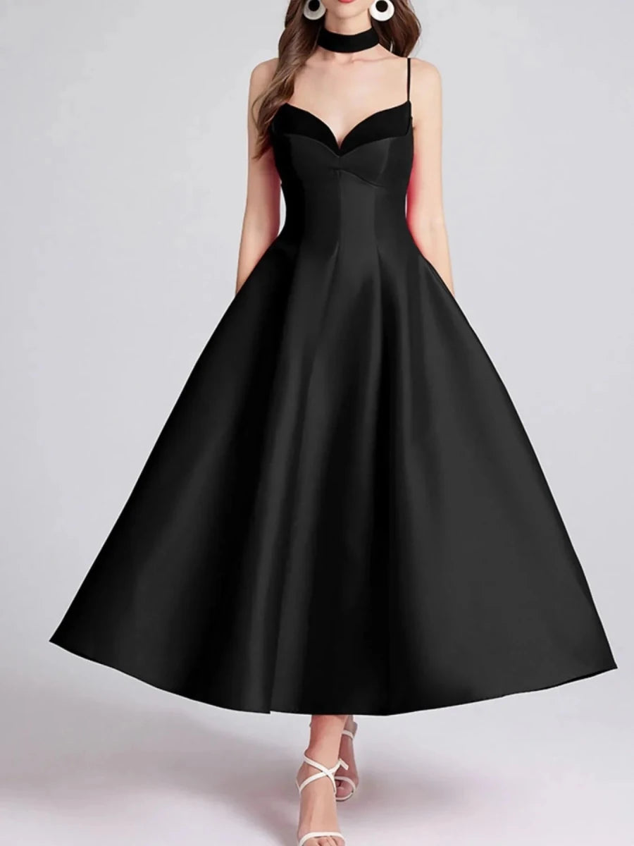 Sweetheart Collar Midi Dress - Zipper Closure - 