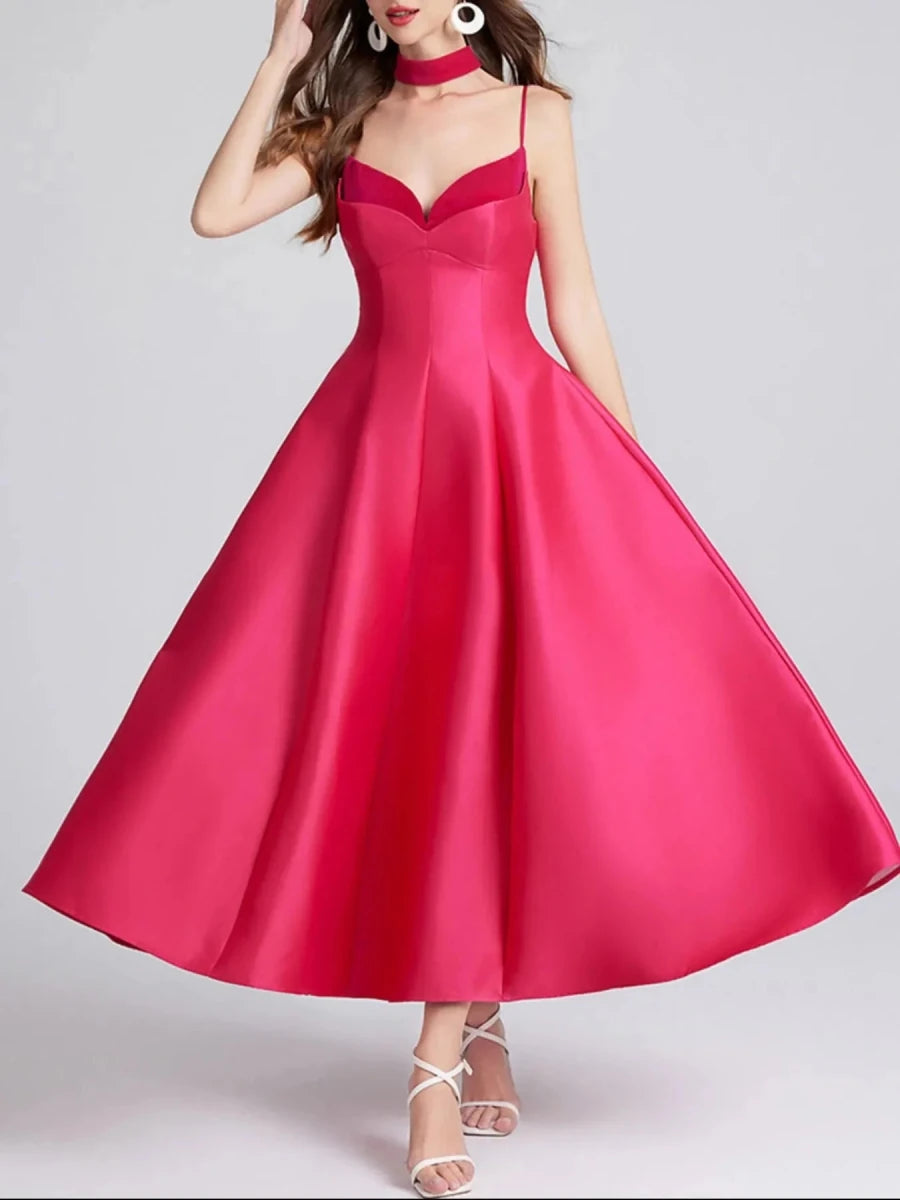 Sweetheart Collar Midi Dress - Zipper Closure - 