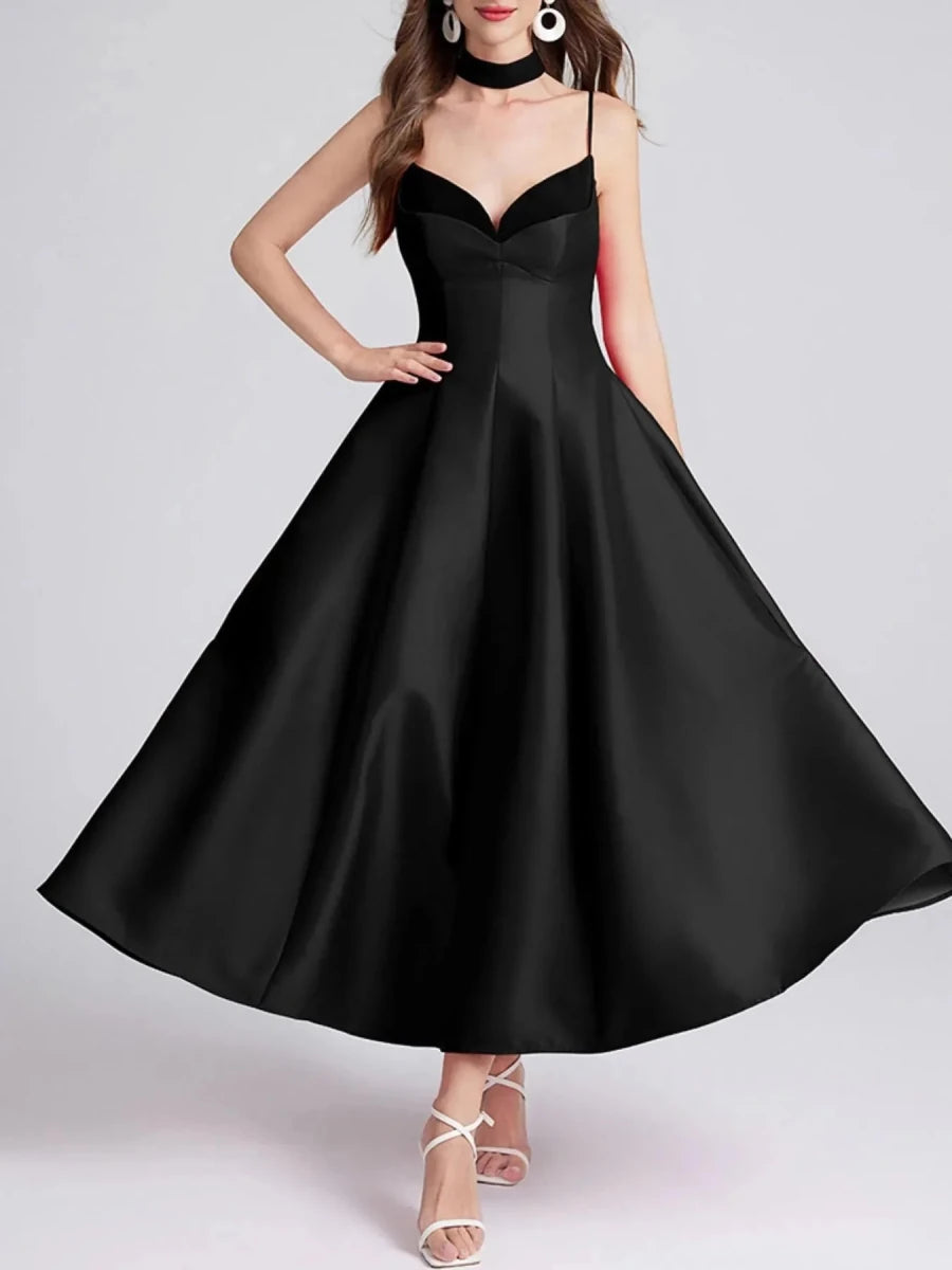 Sweetheart Collar Midi Dress - Zipper Closure - 